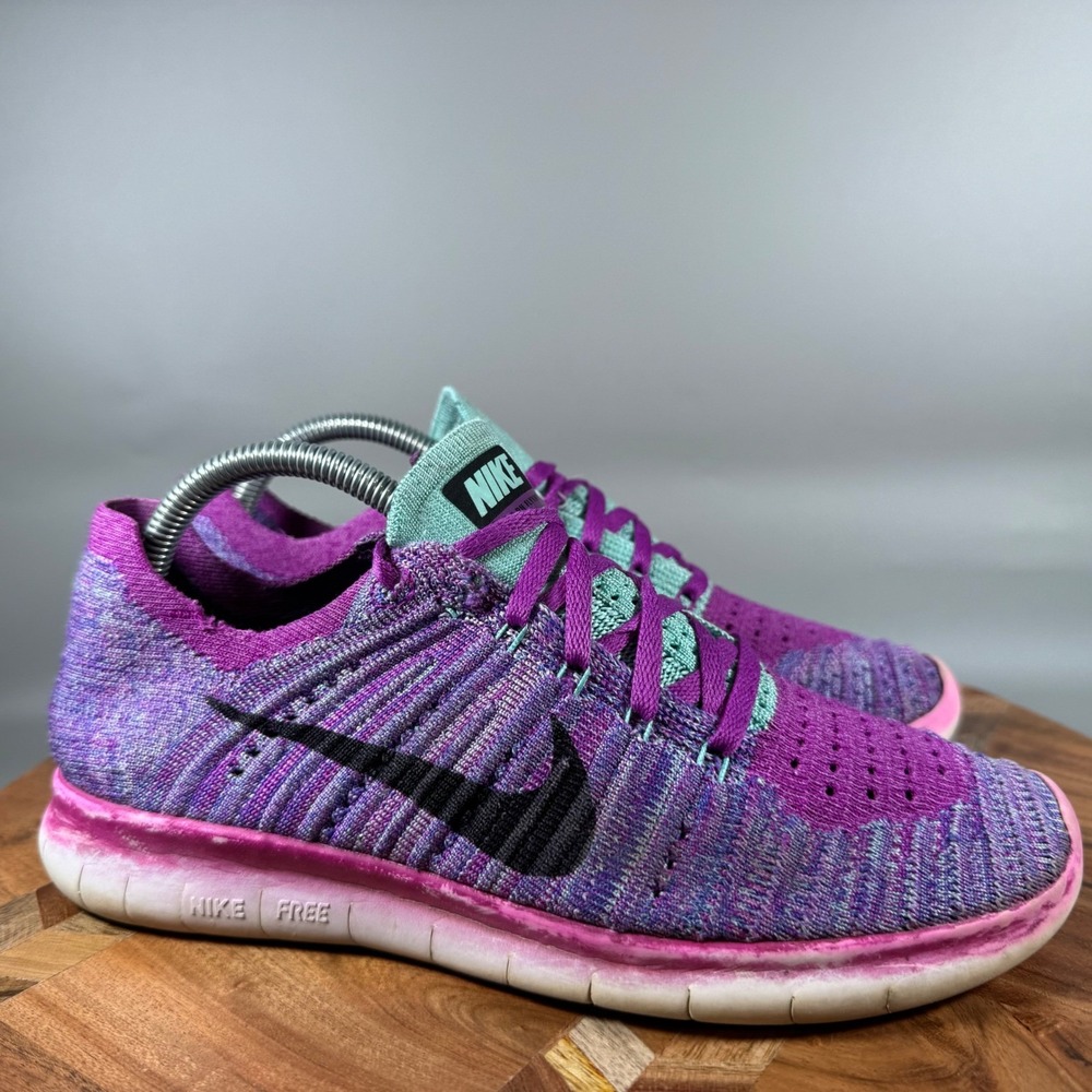 Nike Free RN‎ Flyknit 2017 Womens 6.5 (5Y) Running Shoes Purple Teal Pink
